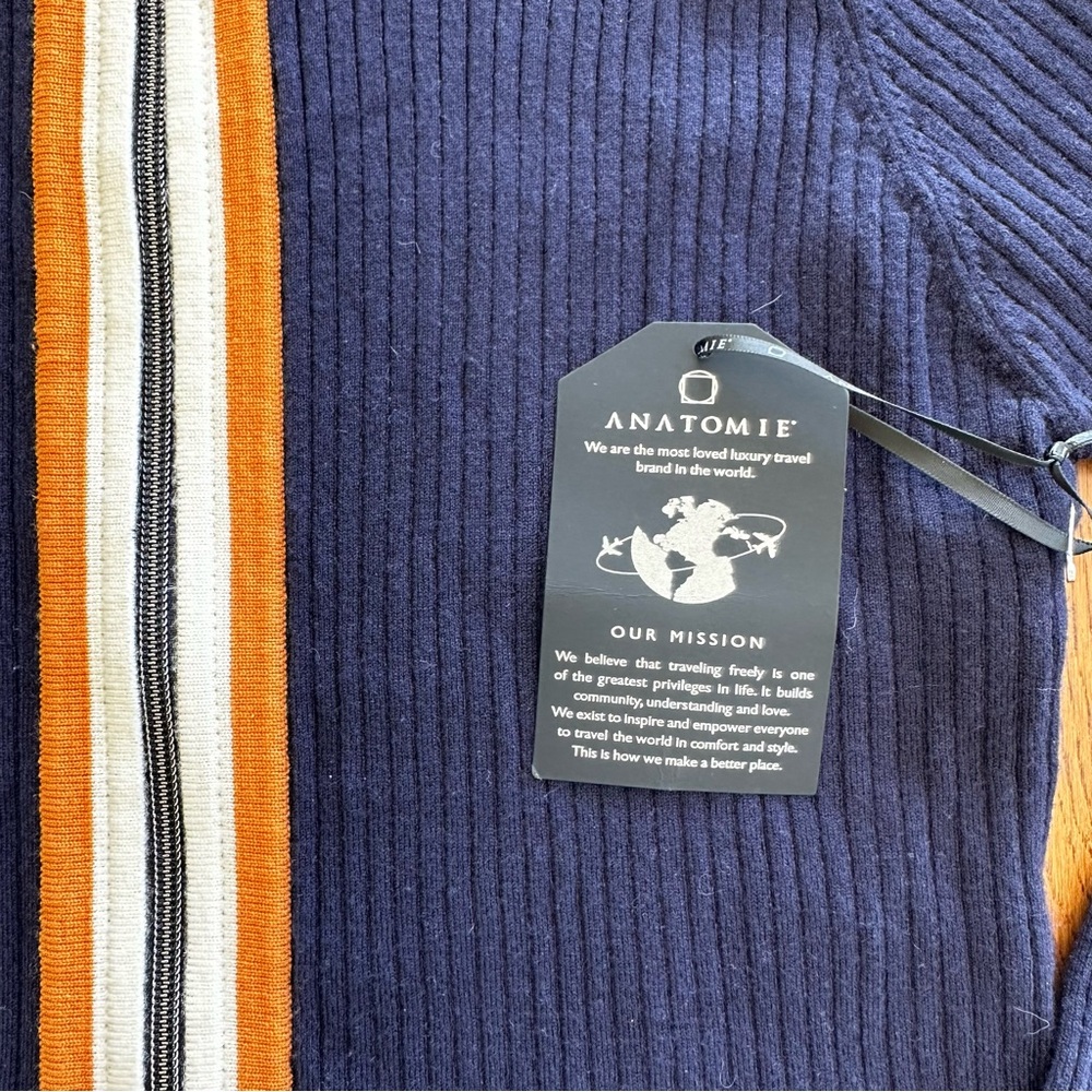 NWT Anatomie Charlize Navy Zip-Up Ribbed Travel Sweater Orange Cream Stripe - Picture 5 of 14